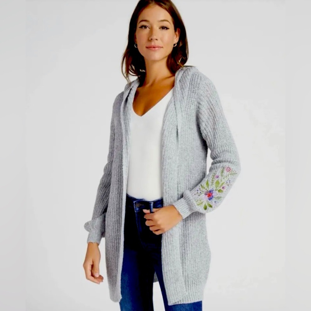 BY DESIGN Parker Hooded Embroidered Cardigan Sweater size large